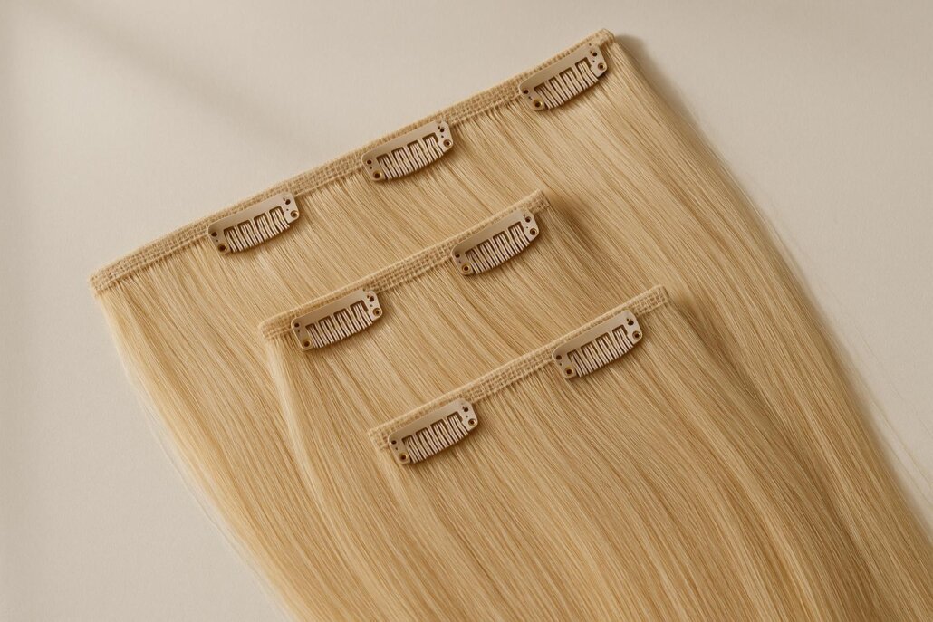 Seamless clip in hair extensions laid flat with clips visible on a neutral background.