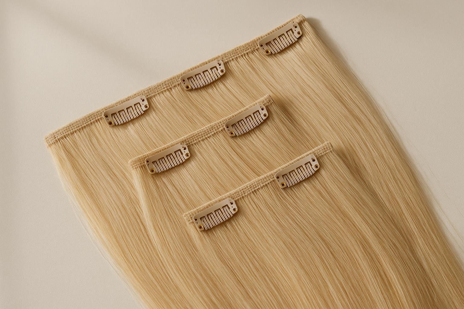 Seamless clip in hair extensions laid flat with clips visible on a neutral background.