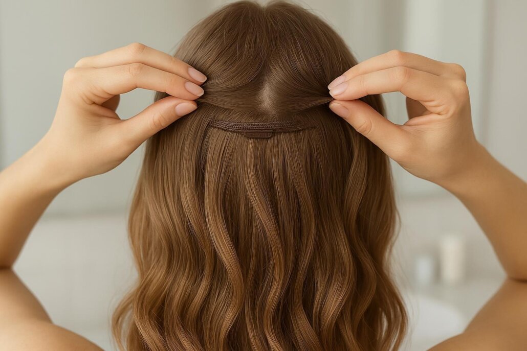 Hiding clip-in extensions in very thin hair using a seamless weft placed below the crown