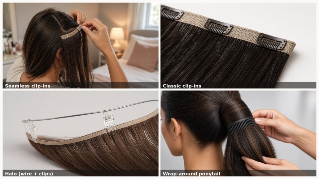 Ladyidiy Remy extensions four methods: Seamless, Classic, Halo, and wrap-around Ponytail