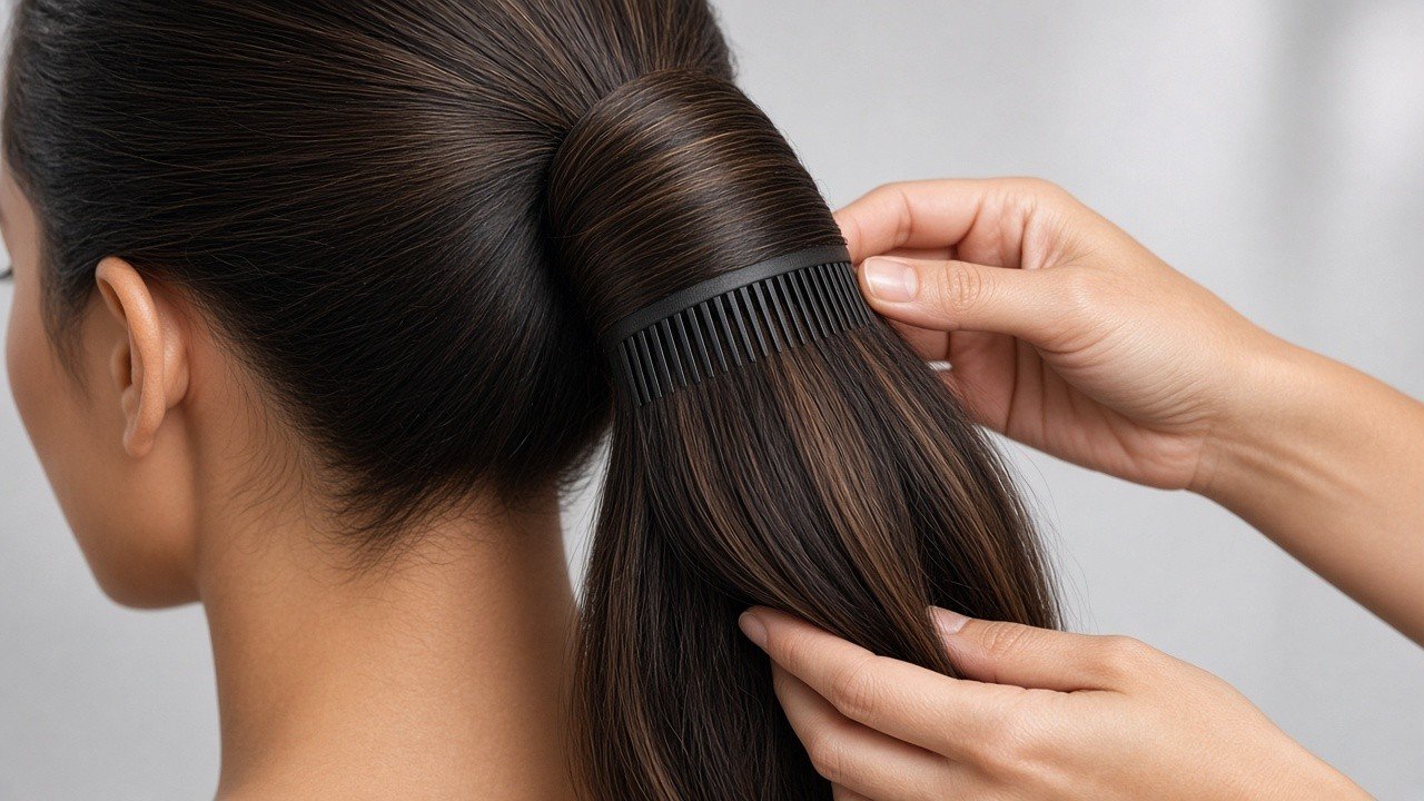 Ladyidiy Remy wrap-around ponytail extension showing comb, wrap strand, and Velcro install at the base of a pony