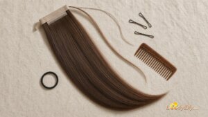 Ladyidiy best human hair ponytail extensions flat lay with built-in comb, wrap strand, bobby pins and wide-tooth comb