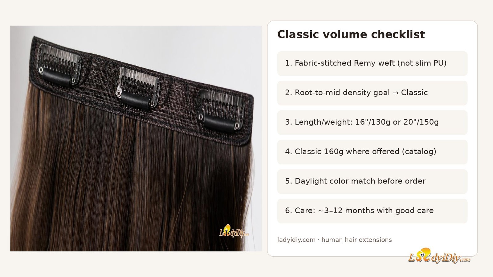 Clip in hair extensions for volume: Classic Remy fabric-stitched weft multi-piece density guide