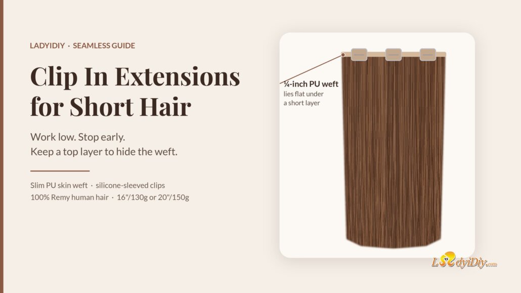 Ladyidiy clip in extensions for short hair guide: illustration of one Seamless weft with a slim quarter-inch PU band and silicone-sleeved clips