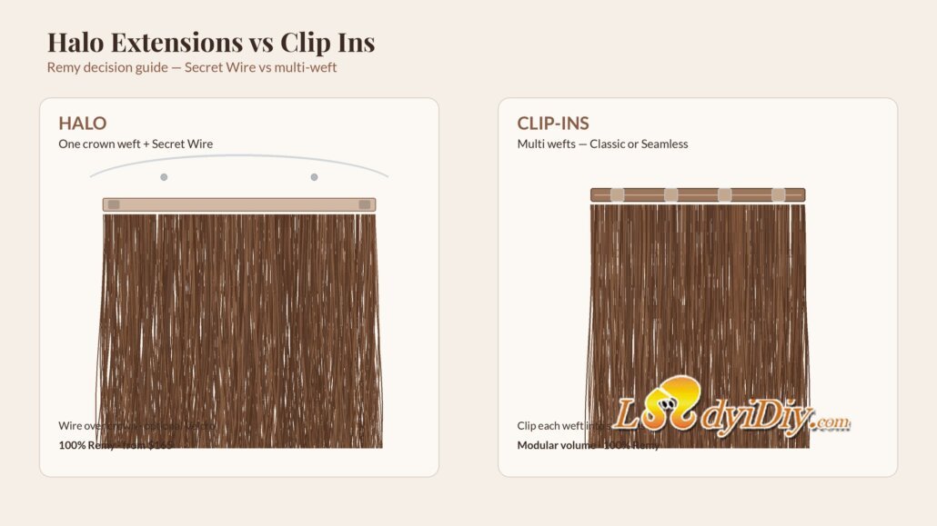 Ladyidiy halo extensions vs clip ins guide: one Secret Wire crown weft beside multi-piece Classic and Seamless clip-in wefts