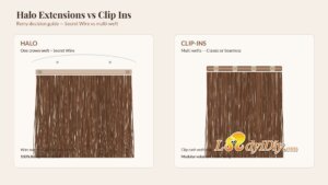 Ladyidiy halo extensions vs clip ins guide: one Secret Wire crown weft beside multi-piece Classic and Seamless clip-in wefts