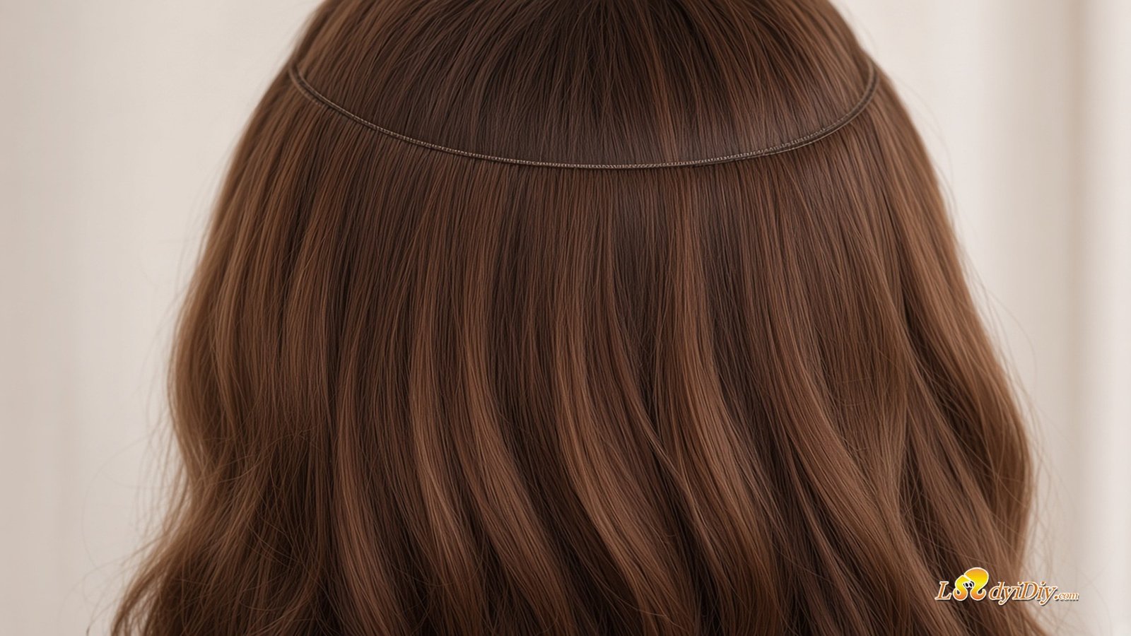 Fine-hair fit closeup: Halo Secret Wire over crown with one Remy weft for discreet blend