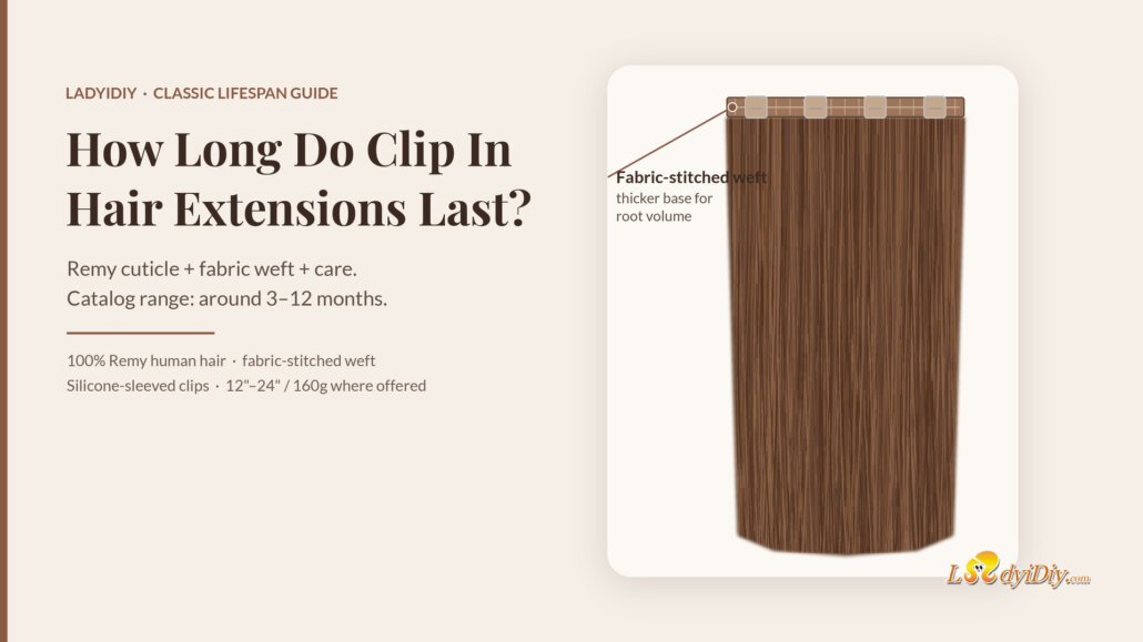 Ladyidiy how long do clip in hair extensions last guide: illustration of one Classic fabric-stitched Remy weft with silicone-sleeved clips