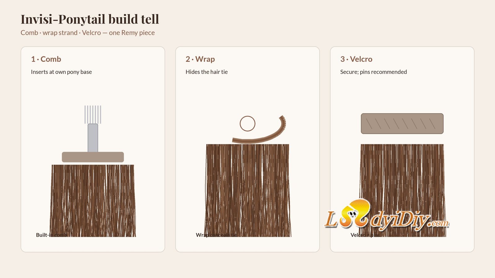 Ladyidiy Invisi-Ponytail remy human hair ponytail extensions: built-in comb, wrap strand, and Velcro base — not a multi-weft clip-in set