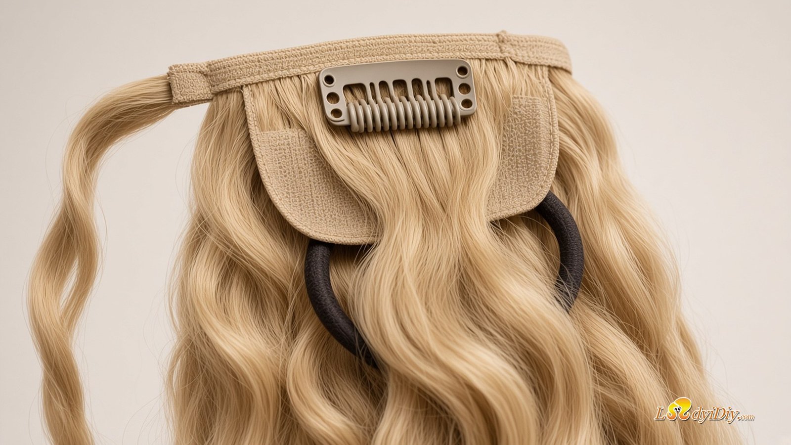 Closeup: Ladyidiy ponytail comb, wrap strand, and Velcro base — wrap-around Remy form