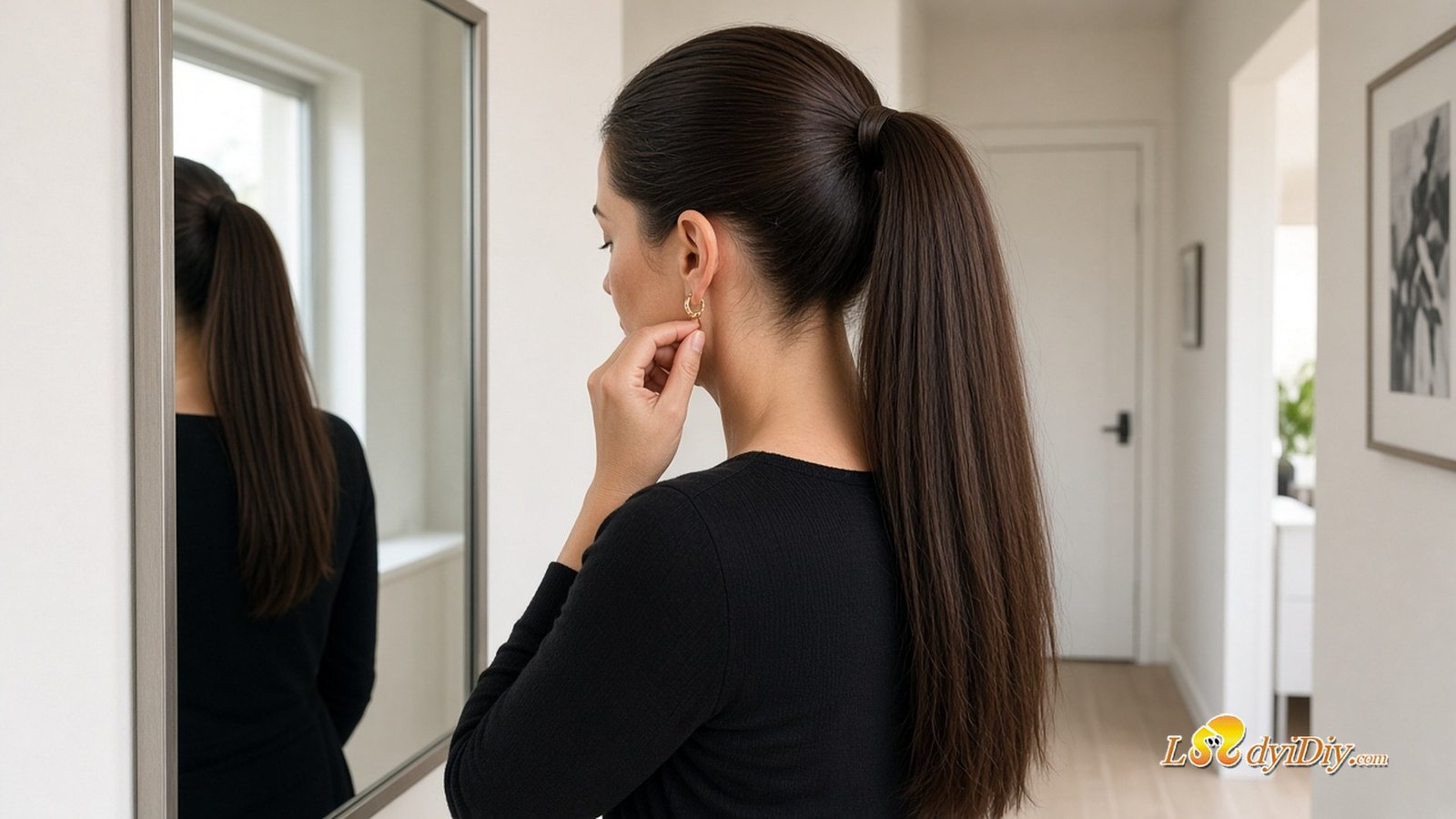 Woman with fine natural hair wearing a long Ladyidiy human hair ponytail extension with the hair tie hidden by the wrap