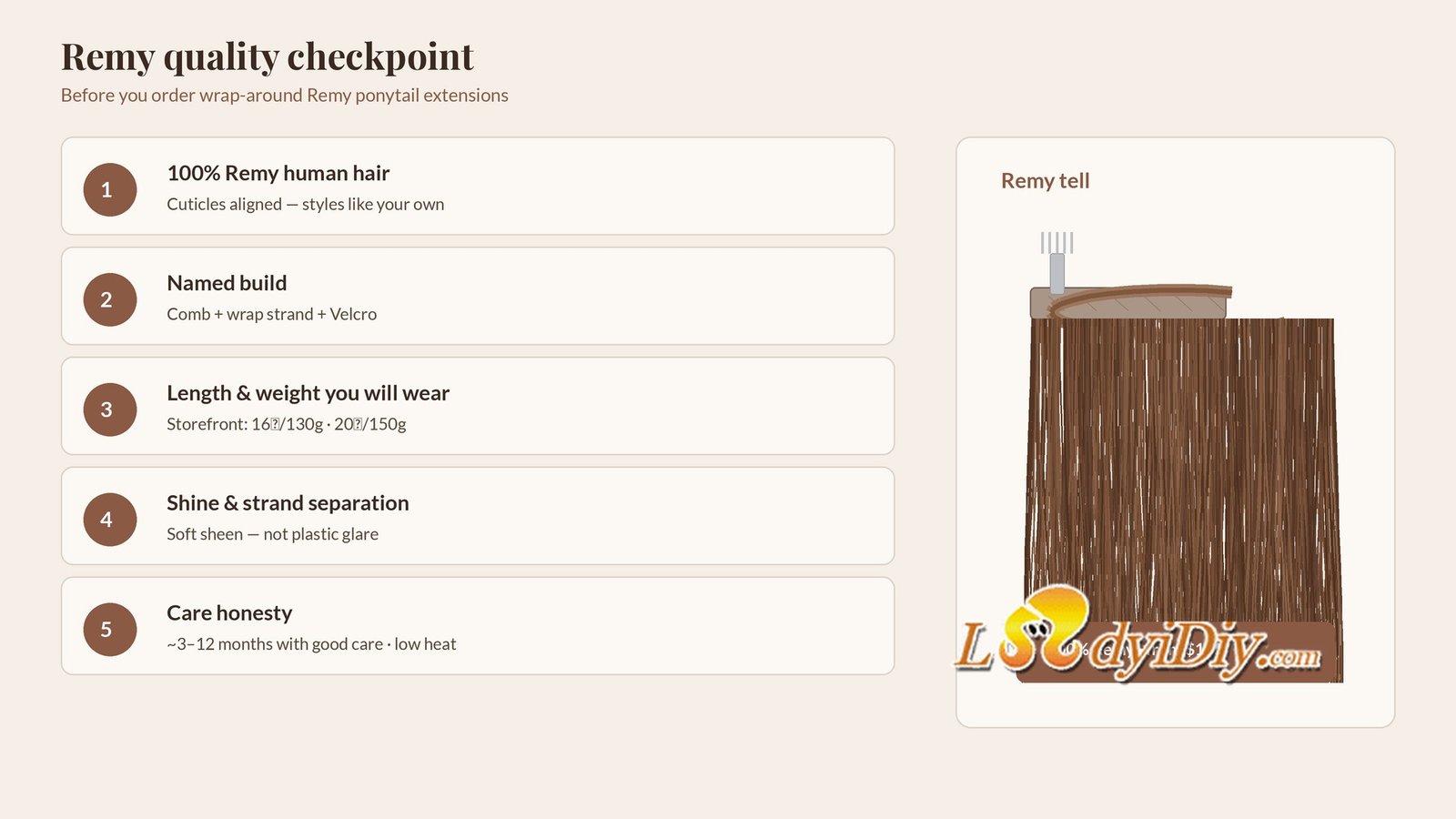 Remy quality checklist for wrap around ponytail extensions human hair: Remy label, named comb wrap Velcro build, length weight, daylight color, care honesty