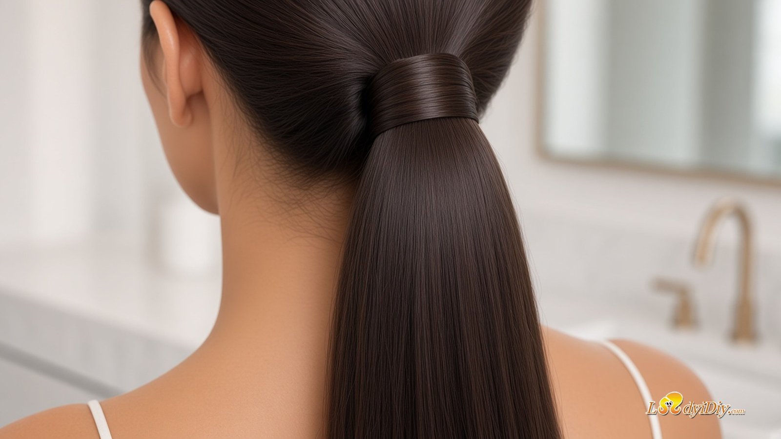 Wrap strand concealing the ponytail base and hair tie on a Ladyidiy Remy Invisi-Ponytail