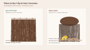 Where to buy clip in hair extensions: Remy Seamless buy-path pass with slim PU weft versus vague walk-away listing